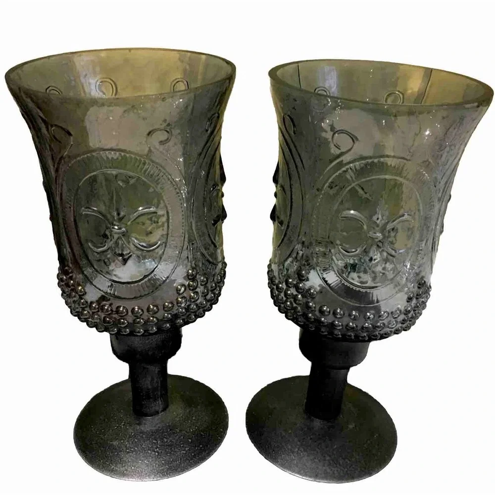 Vtg  Fleur De Lis Metal and Smokey Blue Iridescent Glass GothicCandle Holders
